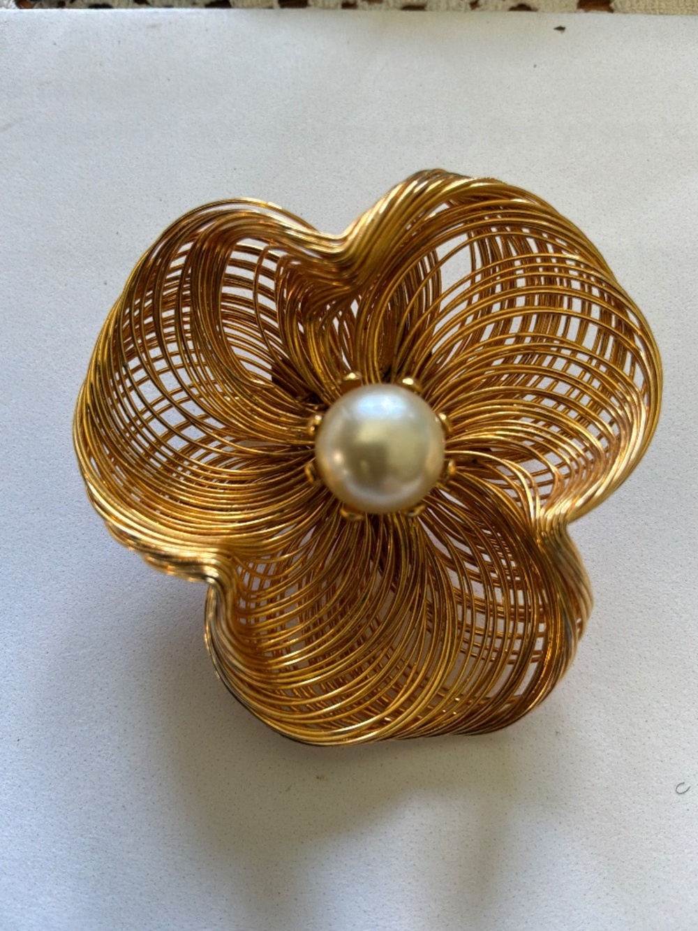 Vintage 1960s Woven Gold Wire Swirl Statement Brooch Pin with Faux Pearl Accent